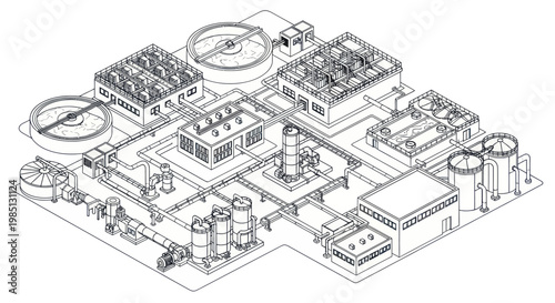 Isometric Outline Drawing of a Water Treatment Plant.