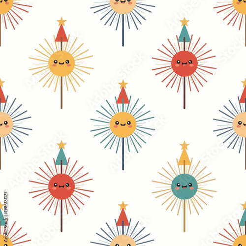 Cute cartoon sun characters with party hats seamless pattern.