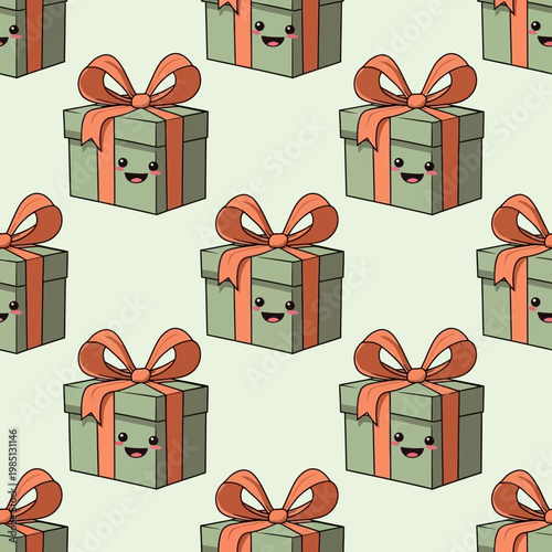 Cute Kawaii Gift Boxes with Happy Faces Seamless Pattern.
