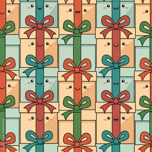 Cute Kawaii Gift Boxes with Smiling Faces and Ribbons.