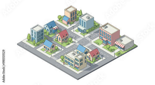 Bild auf Leinwand Isometric view of a charming small town with various buildings and roads