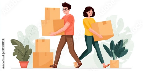 Happy couple (man and woman) moving boxes - moving and relocation concept with all belongings packed and boxed