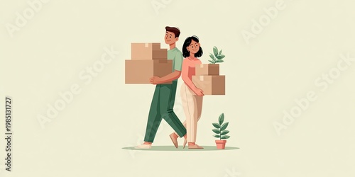 Happy couple (man and woman) moving boxes - moving and relocation concept with all belongings packed and boxed