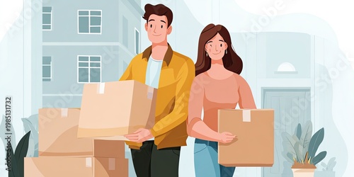 Happy couple (man and woman) moving boxes - moving and relocation concept with all belongings packed and boxed