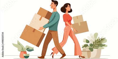 Happy couple (man and woman) moving boxes - moving and relocation concept with all belongings packed and boxed