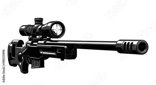 Modern Sniper Rifle with Scope and Silencer, Black and White Illustration
