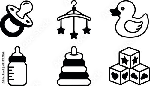 Black and white baby bottle rubber duck pacifier stacking rings star mobile and blocks line art