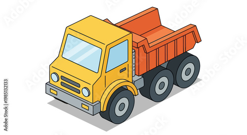 Isometric Yellow and Orange Dump Truck for Construction and Hauling.