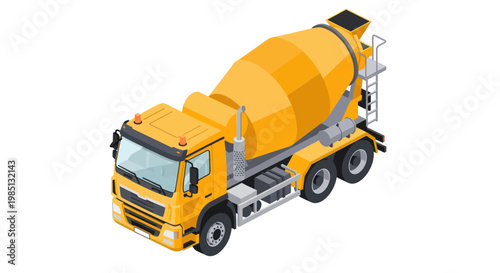 Isometric Yellow Concrete Mixer Truck for Construction Projects.