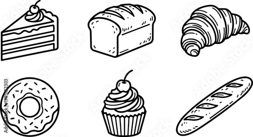 Cake bread croissant donut cupcake and baguette