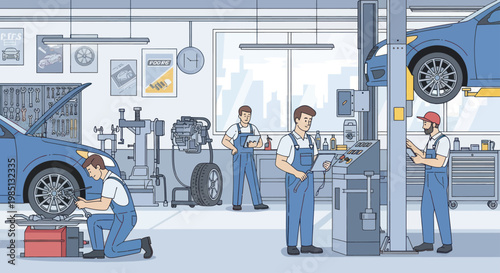 Mechanics working on cars in a modern auto repair shop bay.