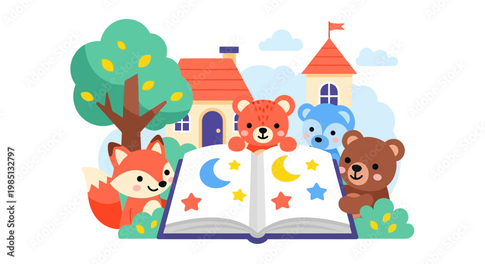 Obraz premium Cartoon animals reading book.