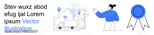 Logistics, communication, shipping, transportation, business workflow, achievement. Person pointing at data and delivery icons, blue badge success. Logistics and communication concept