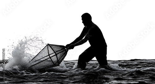 A silhouette of a man fishing in the ocean with a net