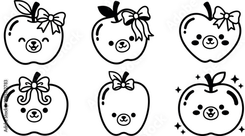 Black and white line art cute apple bear faces with bows and leaves