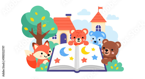 Cartoon animals reading book.