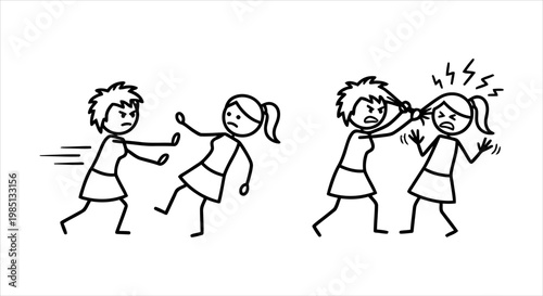Simple stick figure illustration depicting women engaged in physical conflict and arguments