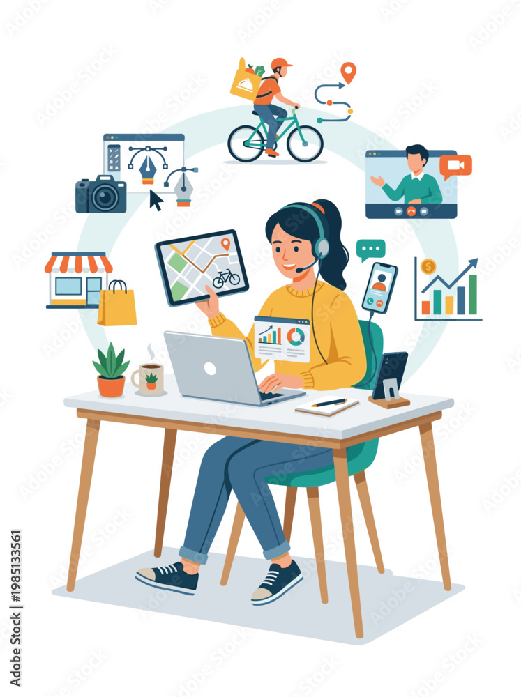 Fototapeta premium Woman sitting at desk with laptop and various business icons around her