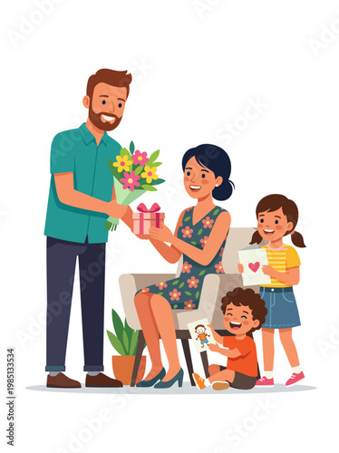 Happy family with children receiving gifts and flowers on special occasion