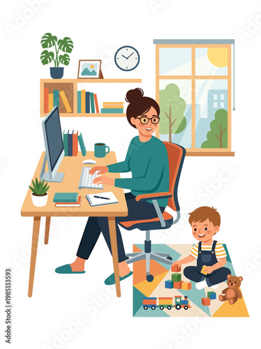 Woman working from home with child playing on floor beside her