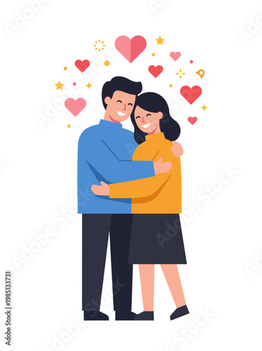 Loving couple embracing with hearts around them on a romantic day