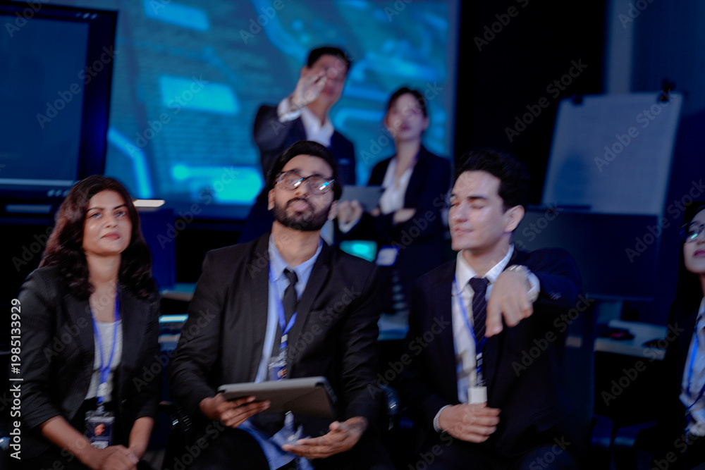 Obraz premium A multi-ethnic leadership team discusses digital transformation. An Indian manager presents a new AI-driven strategy for sustainable ESG goals and future market growth to his diverse team.