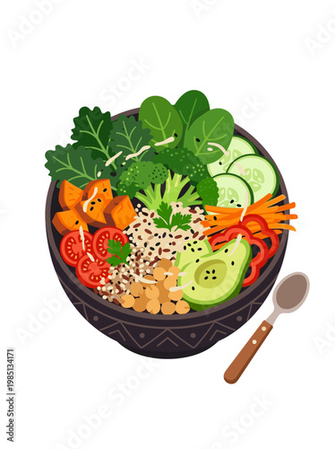 Vibrant bowl of mixed vegetables and seeds with a spoon