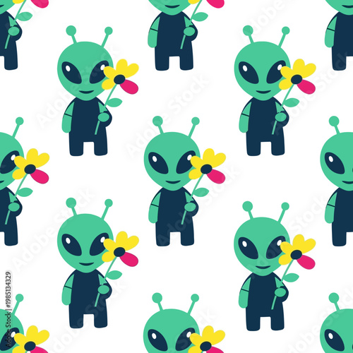 Cute cartoon alien holding a flower seamless pattern.