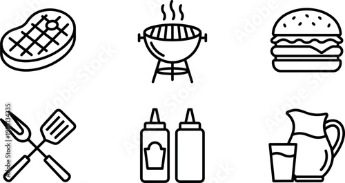 Black and white line art steak grill burger condiments and drink icons