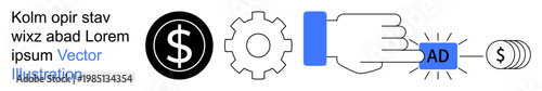 Digital marketing, pay-per-click, online ads, advertising revenue, SEO, web monetization. Features dollar sign, gear and clicking hand. Digital marketing and pay-per-click concepts