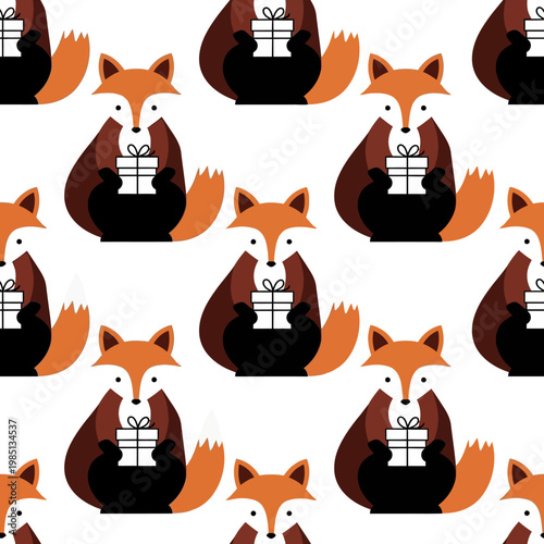 Cute Fox Holding Gift Box Seamless Pattern.