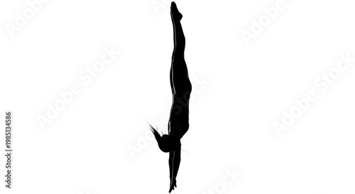 A black silhouette of a person doing a handstand against a white background
