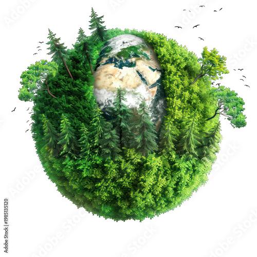 A stunning image of the Earth covered in lush greenery on transparent background