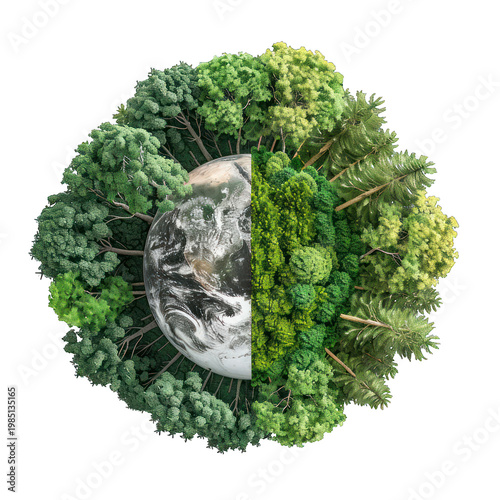 A globe surrounded by lush green trees on transparent background