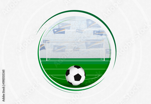 Marshall Islands football fan celebration scene featuring a soccer ball, goal net, and waving national flags in a stadium.