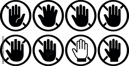 Black stop hand icons in prohibition circles set vector art