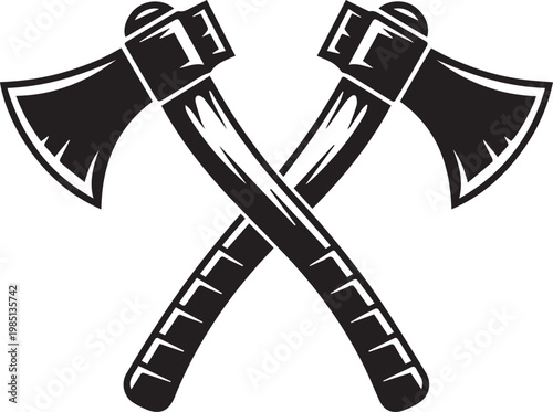 Two crossed axes with detailed wooden handles and metal heads