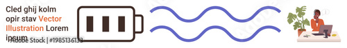 Energy efficiency, wireless technology, remote work, digital communication, sustainability, modern lifestyle. Battery icon with signal waves and a person at a laptop. Energy efficiency and wireless