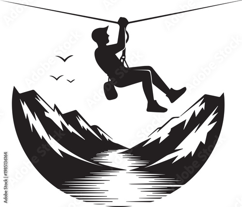 Person zip-lining above a serene mountainous landscape with birds flying nearby