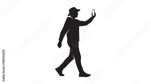 Man Taking Selfie with Smartphone Walking Social Media Lifestyle Icon Isolated on Transparent Background