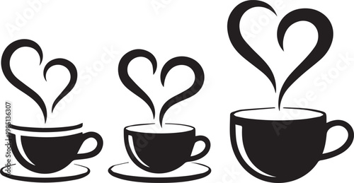 Three steaming cups of coffee with heart-shaped designs emanating from them