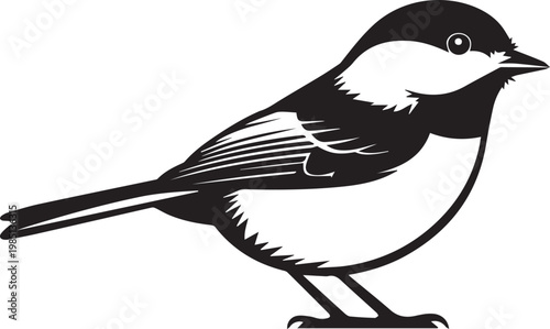 A black and white depiction of a small songbird perched gracefully on a branch