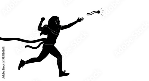 A dynamic silhouette illustration of a woman running from a bomb
