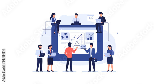 Business people around large screen.