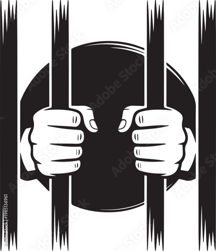 Hands gripping a circular object through vertical prison bars.