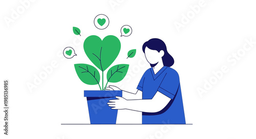 A dedicated individual tenderly nurturing a vibrant heart-shaped plant, symbolizing environmental care, personal growth, and the cultivation of love for nature and a sustainable future
