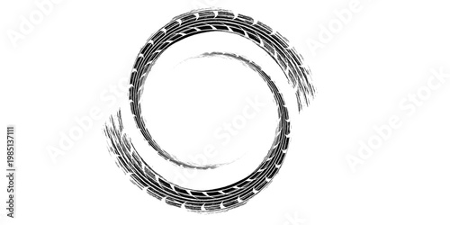 Tire track. Tyre mark of car, bike, motorcycle with grunge effect on white background. Wheel footprint, road element, dirty rubber protector pattern.