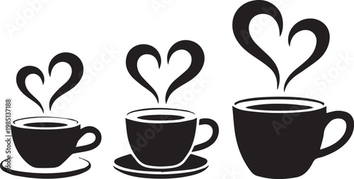 Three coffee cups with heart-shaped steam designs symbolizing love and warmth