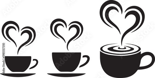 Three cups of coffee forming heart shapes with steam