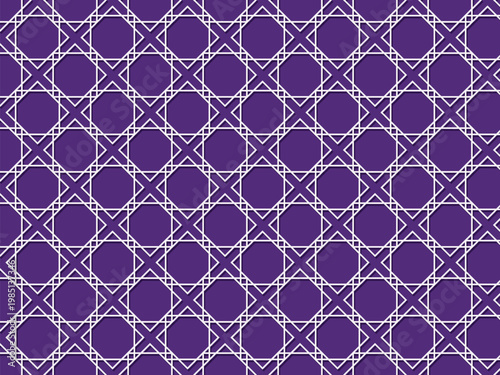 An abstract seamless geometric pattern with a repeating octagonal star design in white on a solid purple background, creating a modern and sophisticated visual texture